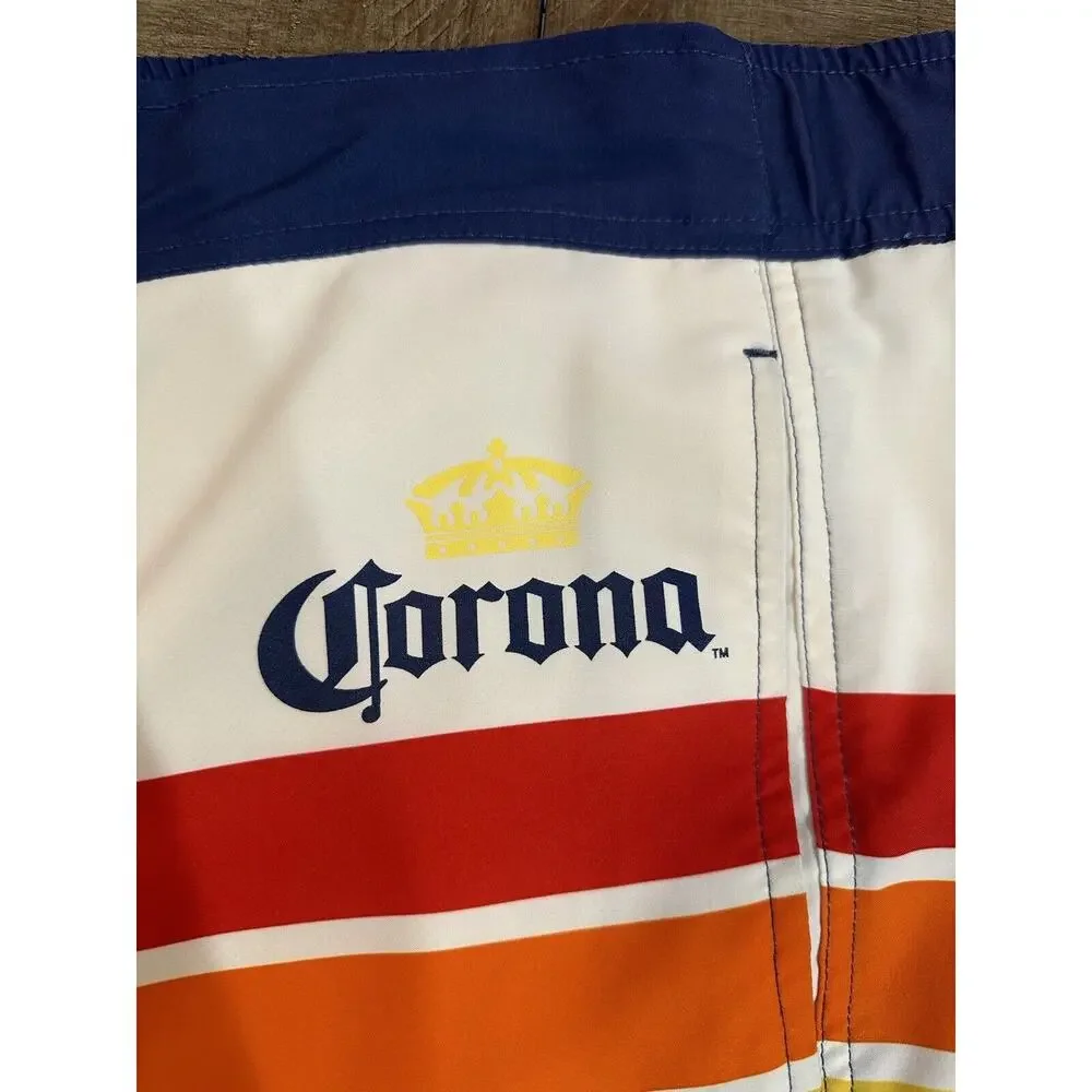 Corona Swim Trunks Mens L 36/38 Blue Colorful Striped Board Shorts Beer Retro